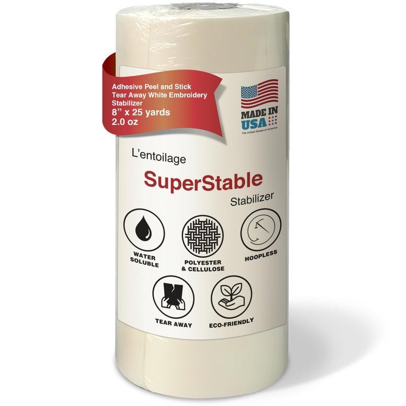 Superpunch White Adhesive Peel & Stick Tear Away Stabilizer for Embroidery - 8-inch x 25-Yard Roll, SuperStable Machine Embroidery Stabilizers Backing 2.0 oz for Hoop Less Embroidery, Made in USA - Image 1